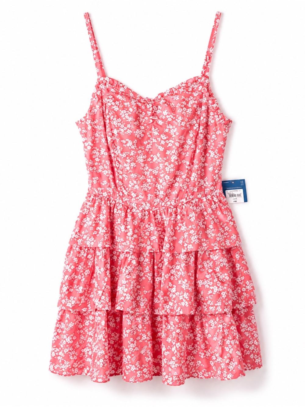 Arizona NWT Coral Pink White Ditsy Floral Sweetheart Tiered Ruffle Mini Dress L